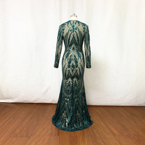 Dark Green Pattern Sequin Prom Dress Mermaid Long Sleeves with Detachable Skirt Satin