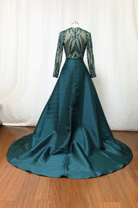 Dark Green Pattern Sequin Prom Dress Mermaid Long Sleeves with Detachable Skirt Satin