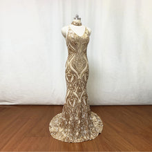 Load image into Gallery viewer, Gold Pattern Sequin Prom Dress Mermaid Criss Cross Backless