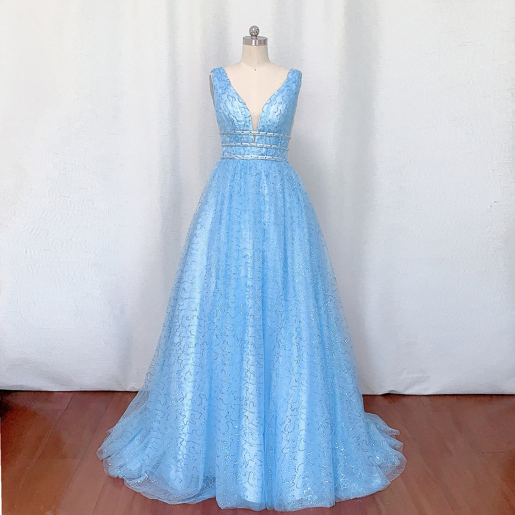 Blue Sequin Tulle Prom Dress Ball Gown