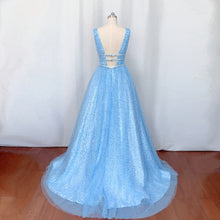 Load image into Gallery viewer, Blue Sequin Tulle Prom Dress Ball Gown