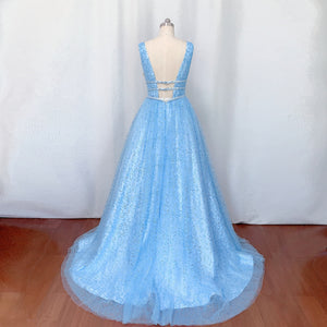 Blue Sequin Tulle Prom Dress Ball Gown