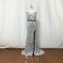 Load image into Gallery viewer, Sparkly Silver Sequin Prom Dress Spaghetti Straps Sheath with Slit