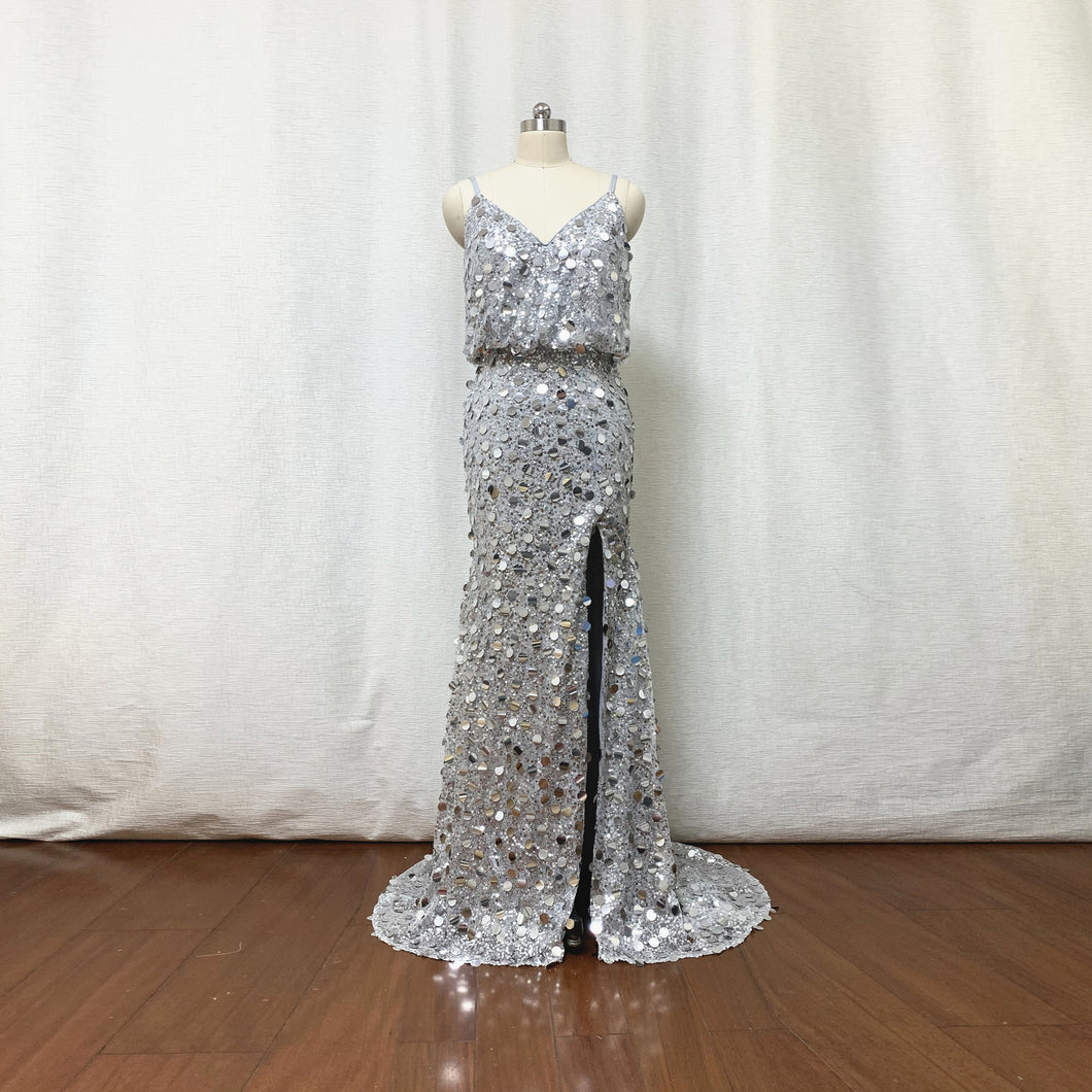 Sparkly Silver Sequin Prom Dress Spaghetti Straps Sheath with Slit