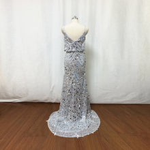 Load image into Gallery viewer, Sparkly Silver Sequin Prom Dress Spaghetti Straps Sheath with Slit