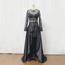 Load image into Gallery viewer, Two Piece Prom Dress Black Lace Satin with Long Sleeves