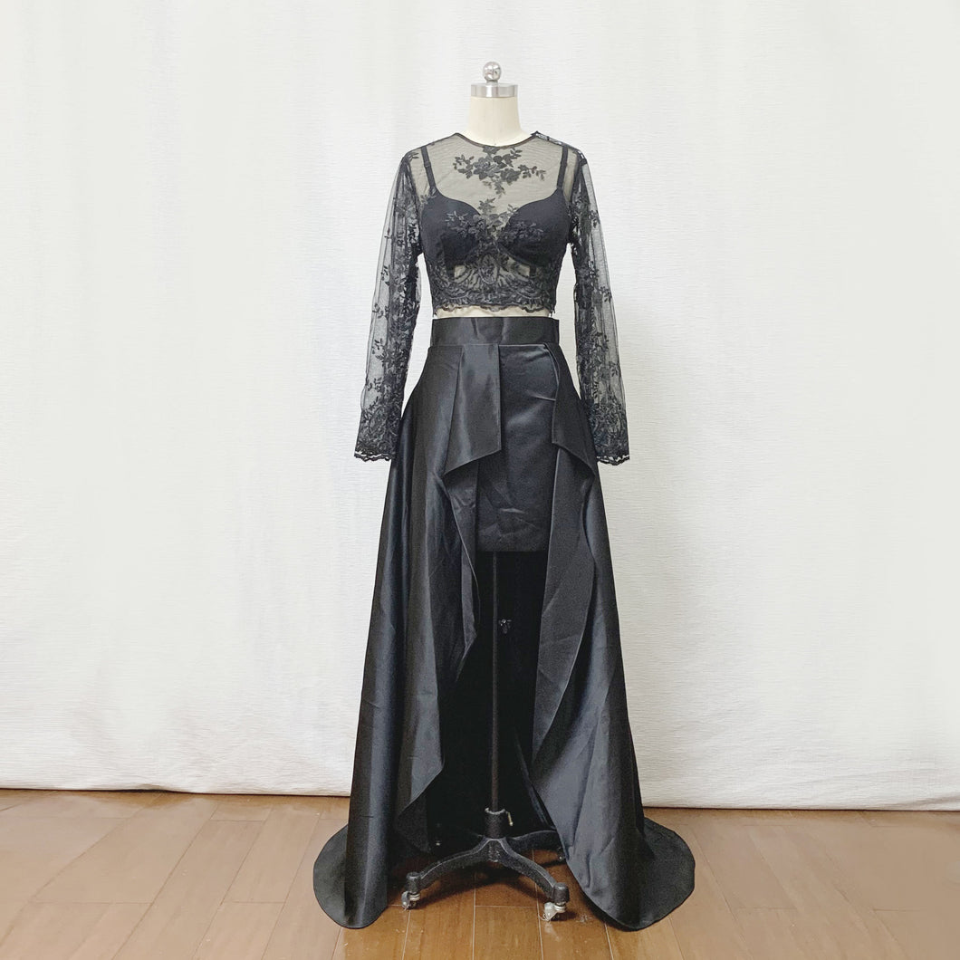 Two Piece Prom Dress Black Lace Satin with Long Sleeves