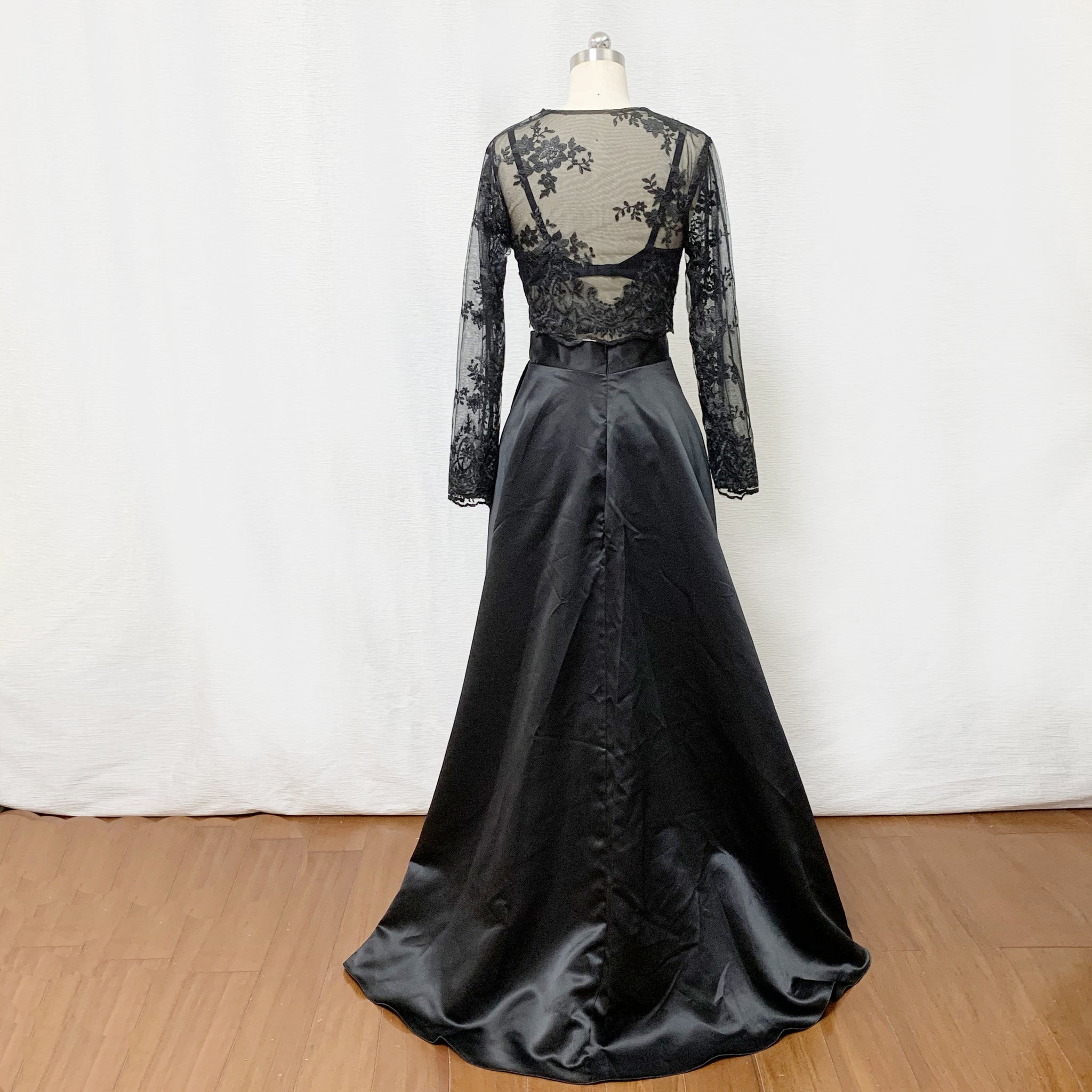 Two Piece Prom Dress Black Lace Satin with Long Sleeves 2 / Black Two Piece Prom Dress Black Lace Satin with Long Sleeves 2 / Black