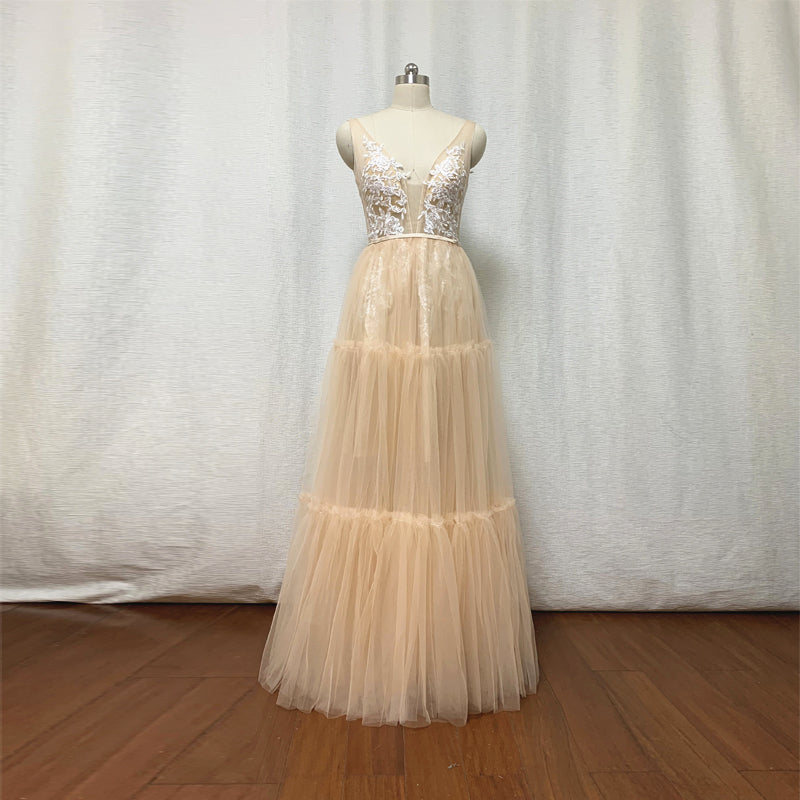 Boho Prom Dress Champagne Tulle Lace Wedding Dress