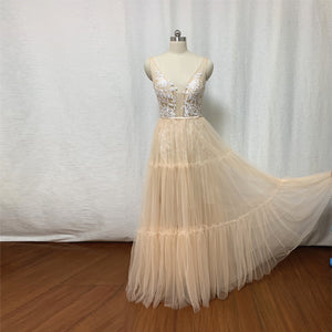 Boho Prom Dress Champagne Tulle Lace Wedding Dress