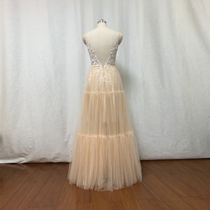 Boho Prom Dress Champagne Tulle Lace Wedding Dress