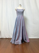 Load image into Gallery viewer, Silver Iridescent Glitter Prom Dress Horsehair Hem Spaghetti Straps with Pockets &amp; Slit