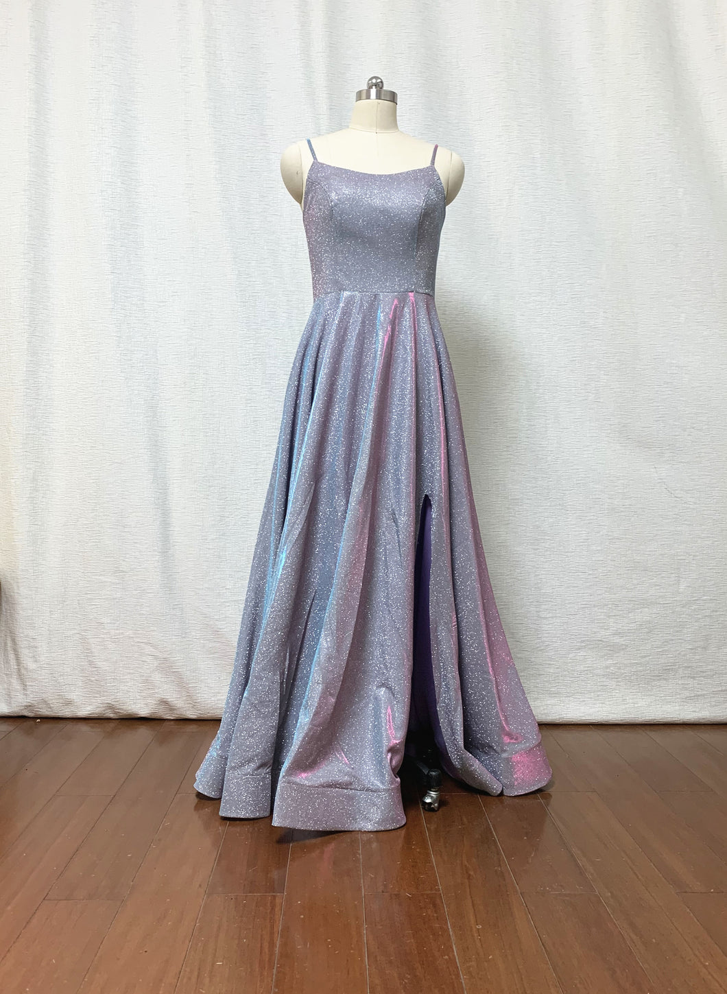 Silver Iridescent Glitter Prom Dress Horsehair Hem Spaghetti Straps with Pockets & Slit