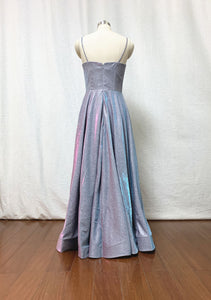 Silver Iridescent Glitter Prom Dress Horsehair Hem Spaghetti Straps with Pockets & Slit