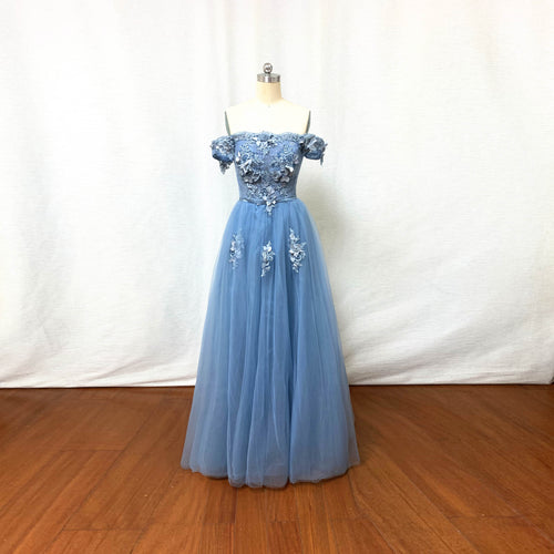 Dusty Blue Lace Tulle Prom Dress Fairy with Corset Back