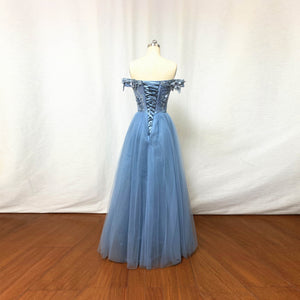 Dusty Blue Lace Tulle Prom Dress Fairy with Corset Back