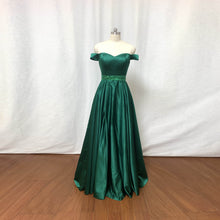 Load image into Gallery viewer, Emerald Green Satin Prom Dress Long Off-the-Shoulder Beaded Waistband