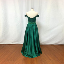 Load image into Gallery viewer, Emerald Green Satin Prom Dress Long Off-the-Shoulder Beaded Waistband