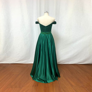 Emerald Green Satin Prom Dress Long Off-the-Shoulder Beaded Waistband