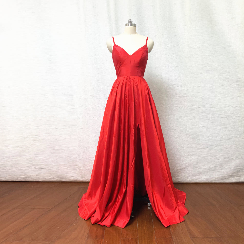 Red Taffeta Prom Dress Corset with Slit