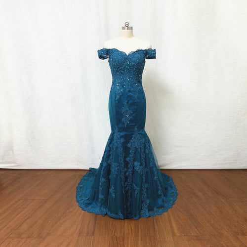 Blue Green Lace Tulle Prom Dress Mermaid with Corset