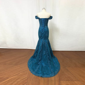 Blue Green Lace Tulle Prom Dress Mermaid with Corset