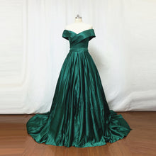 Load image into Gallery viewer, Emerald Green Satin Prom Dress Ball Gown with Corset