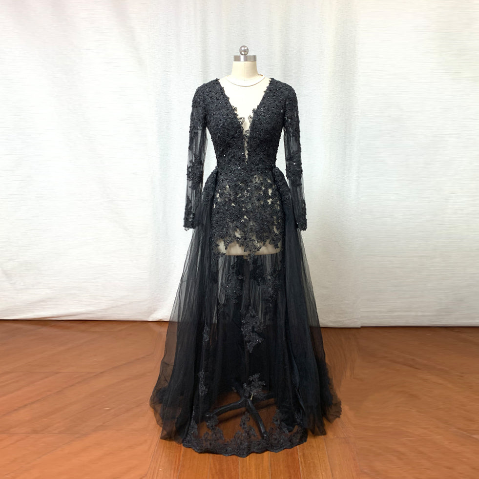 Black Lace Tulle Prom Dress with Long Sleeves Overskirt