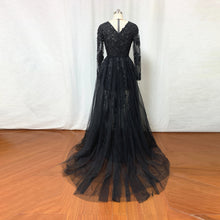 Load image into Gallery viewer, Black Lace Tulle Prom Dress with Long Sleeves Overskirt