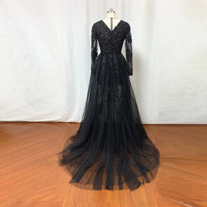 Black Lace Tulle Prom Dress with Long Sleeves Overskirt