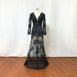 Black Lace Tulle Prom Dress with Long Sleeves Overskirt