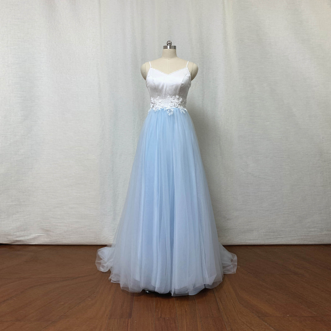 White Satin Blue Tulle Prom Dress Long Fairy