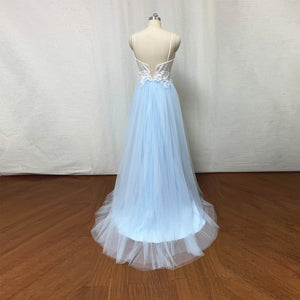 White Satin Blue Tulle Prom Dress Long Fairy