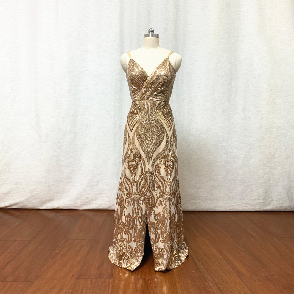 Gold Pattern Sequin Prom Dress Corset with Slit – DressCulture
