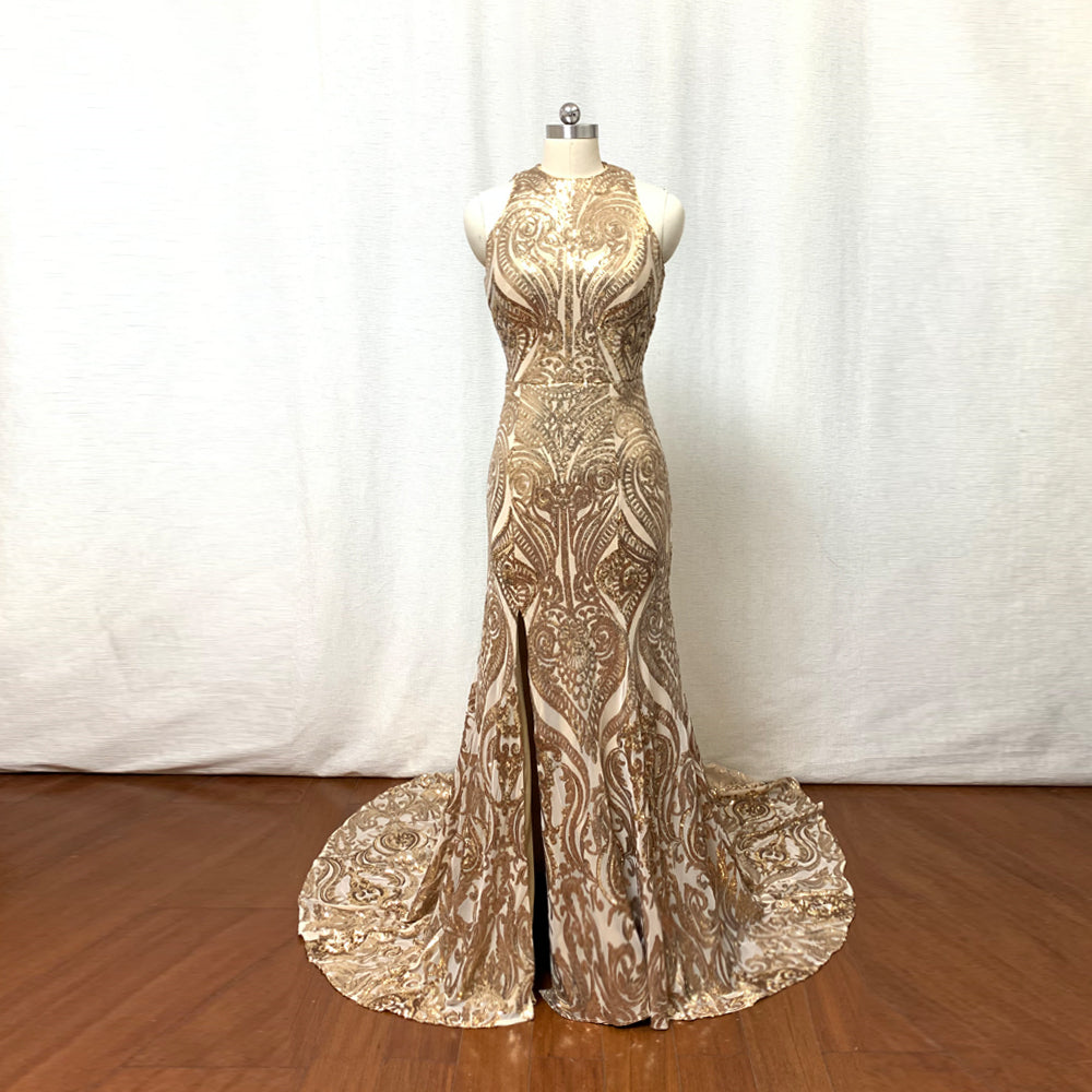 Gold Pattern Sequin Prom Dress Long Fitted with Slit – DressCulture
