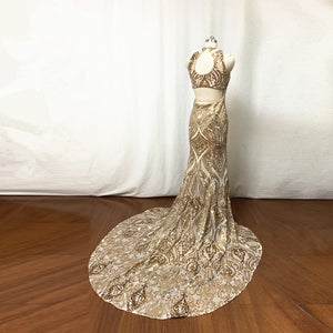 Gold Pattern Sequin Prom Dress Long Fitted with Slit