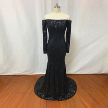 Load image into Gallery viewer, Black Pattern Sequin Prom Dress Mermaid with Long Sleeves