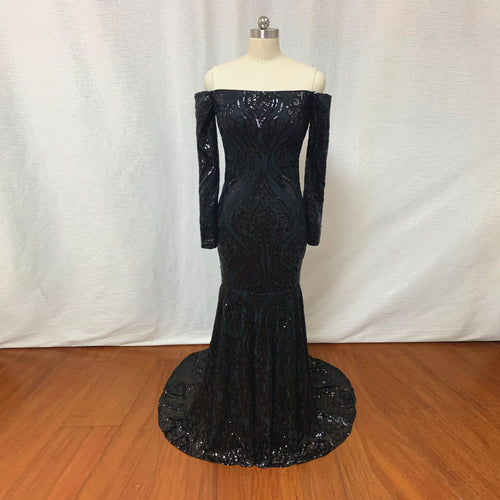 Black Pattern Sequin Prom Dress Mermaid with Long Sleeves