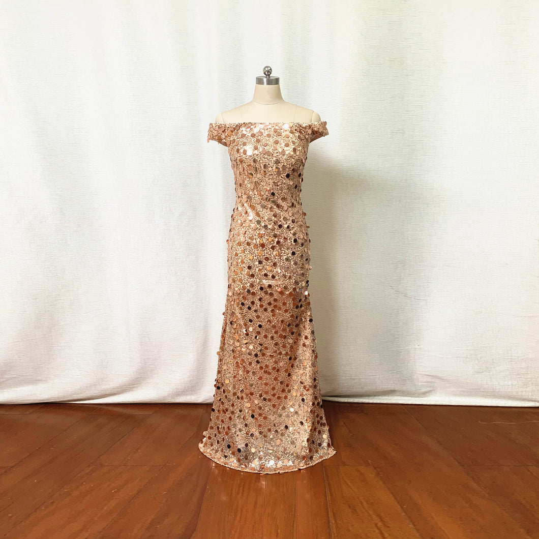 Rose Gold Sequin Prom Dress Off Shoulder Long Fitted