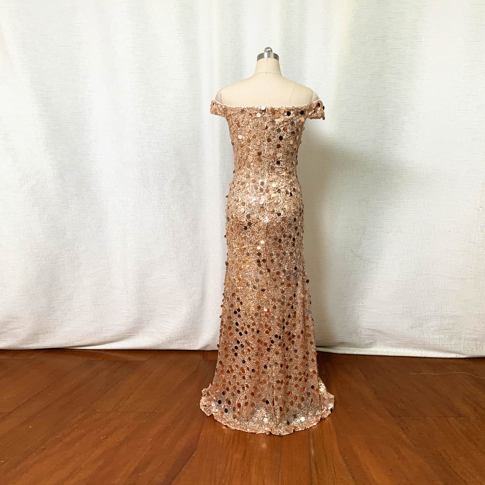 Rose Gold Sequin Prom Dress Off Shoulder Long Fitted DressCulture Rose Gold Sequin Prom Dress Off Shoulder Long Fitted DressCulture