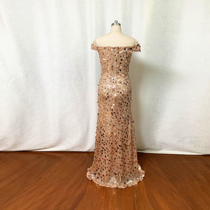 Rose Gold Sequin Prom Dress Off Shoulder Long Fitted