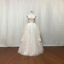 Load image into Gallery viewer, Champagne Nude Lace Tulle Prom Dress Long Fairy with Detachable Sleeves