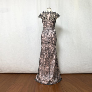 Mermaid Black Floral Lace Prom Dress with Cap Sleeves