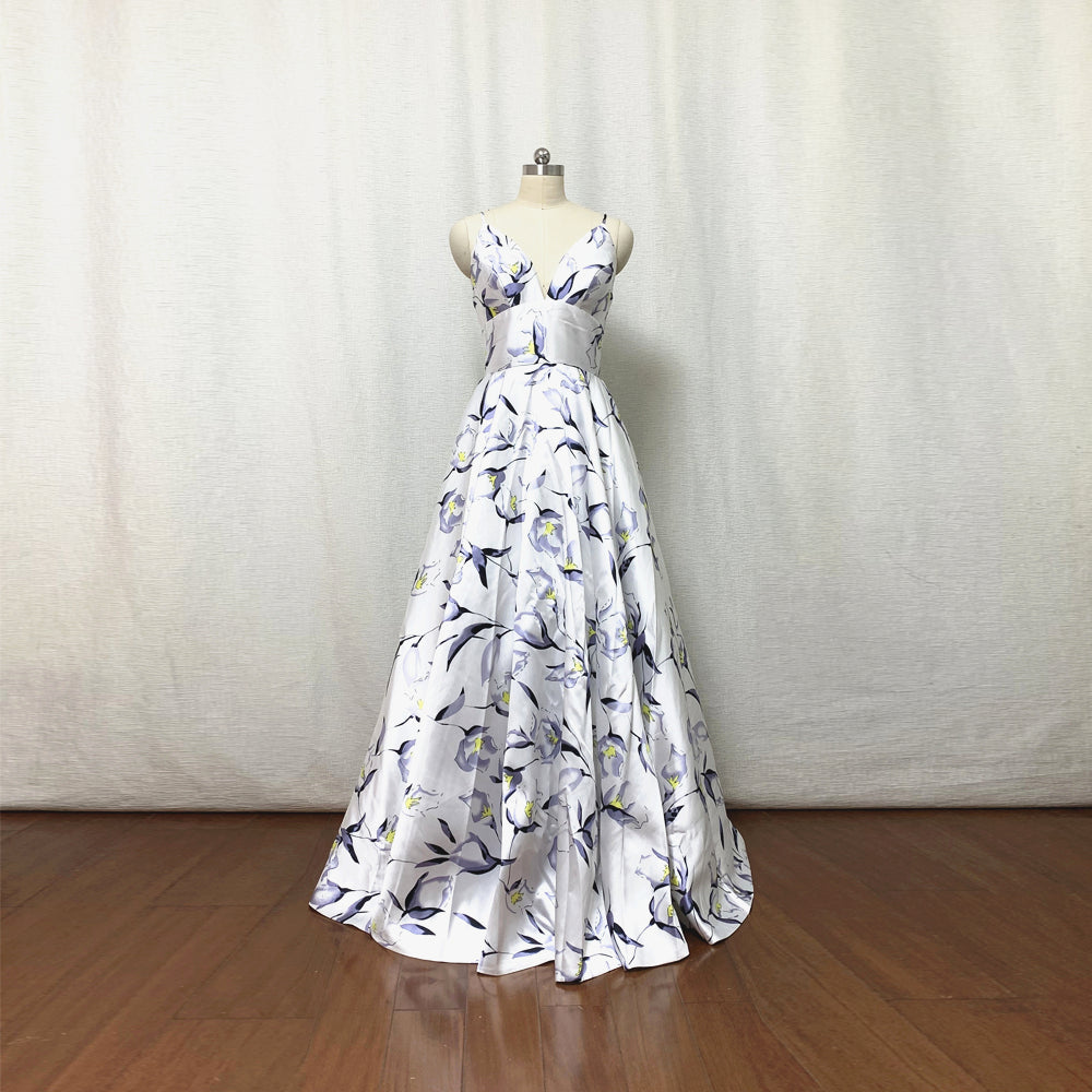 White Floral Satin Prom Dress Ball Gown Spaghetti Straps Long Maxi Dress