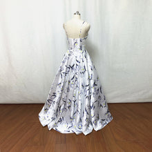 Load image into Gallery viewer, White Floral Satin Prom Dress Ball Gown Spaghetti Straps Long Maxi Dress