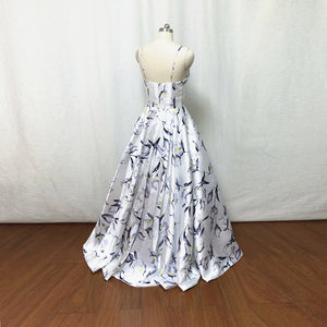 White Floral Satin Prom Dress Ball Gown Spaghetti Straps Long Maxi Dress