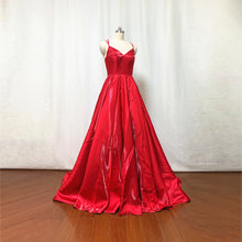 Load image into Gallery viewer, Red Shiny Satin Prom Dress Spaghetti Straps Long Evening Dress with Pockets