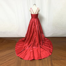 Load image into Gallery viewer, Red Shiny Satin Prom Dress Spaghetti Straps Long Evening Dress with Pockets