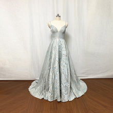 Load image into Gallery viewer, Grey Blue Floral Leaves Prom Dress Spaghetti Straps Long Evening Dress with Pockets