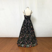 Load image into Gallery viewer, Black Floral Fairy Prom Dress Spaghetti Straps Long Evening Dress with Horsehair Hem